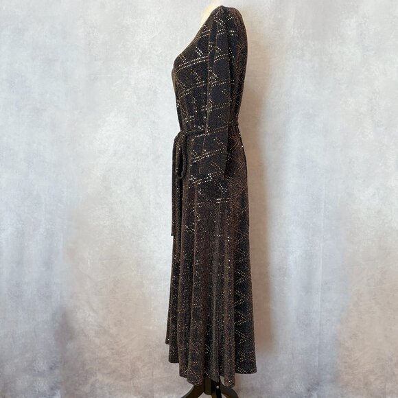 Nina Leonard Gold Glitter Midi Dress 3/4 Sleeve Gold and Black Size L - Picture 3 of 14